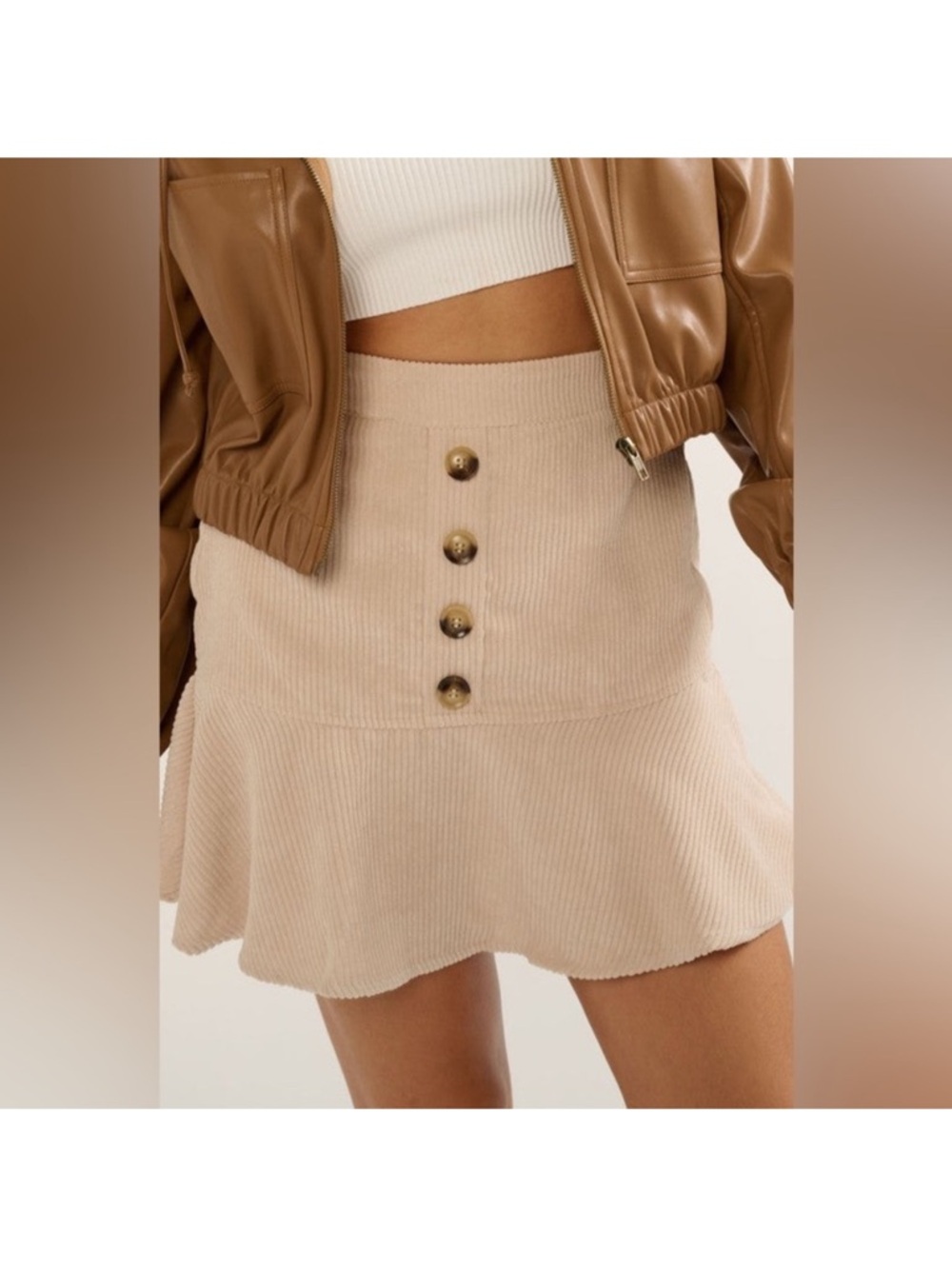Promesa Beige Ribbed Flared Mini Skirt with Front Buttons